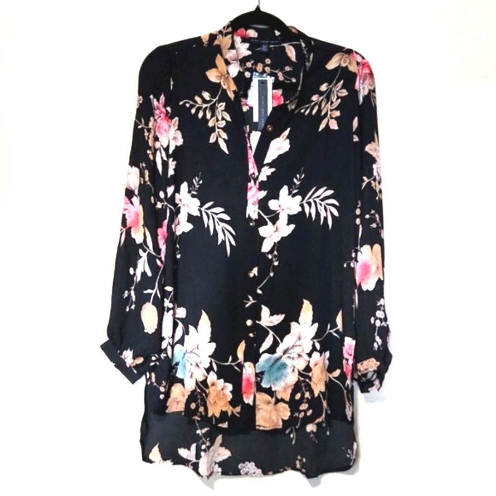 NWT Joan Vass Black Floral Mandarin Collar High Low Style Top Size S - Picture 11 of 11